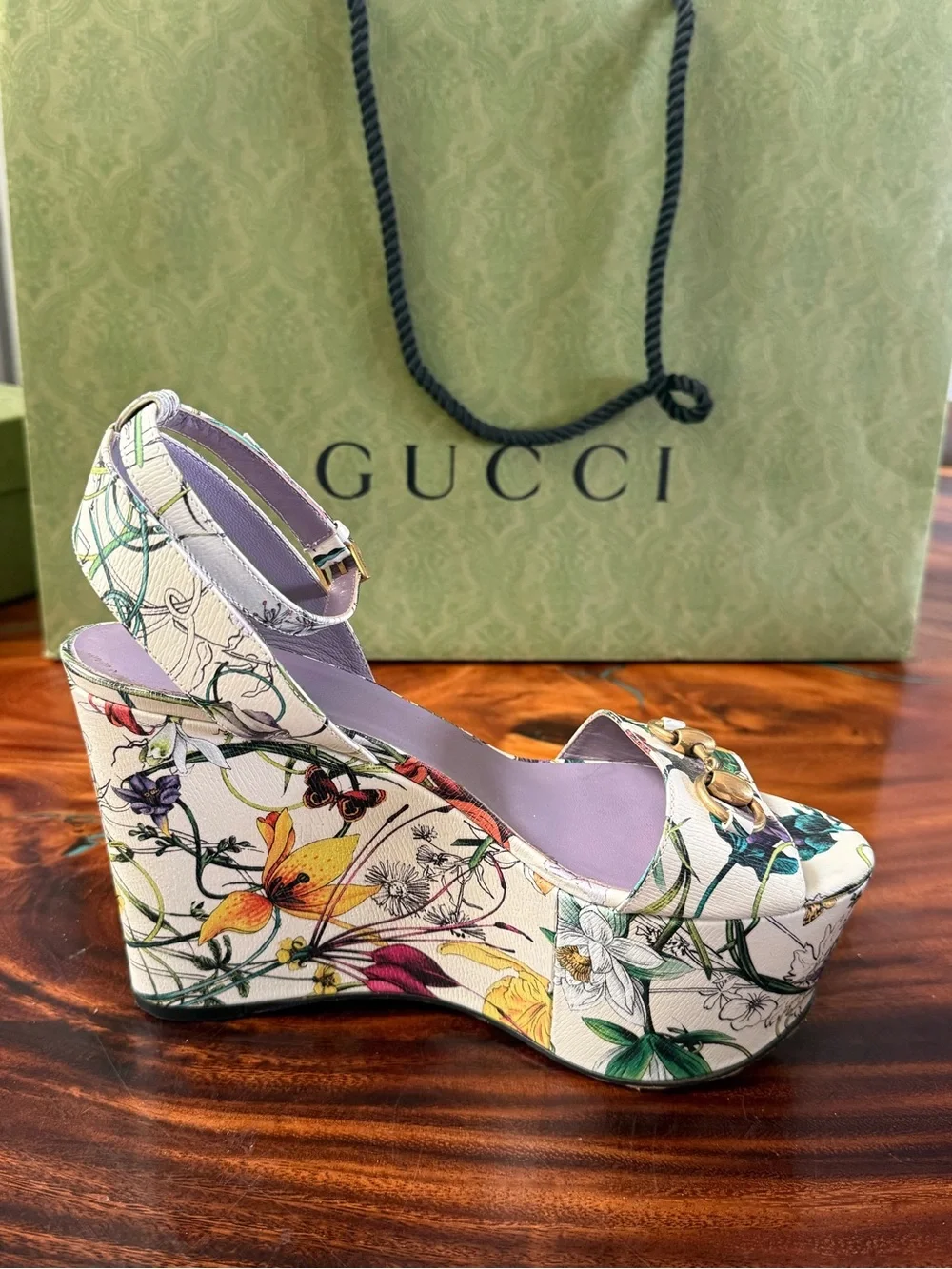 Gucci Floral Platform Sandals in White with Lavender Insole and Gold Hardware